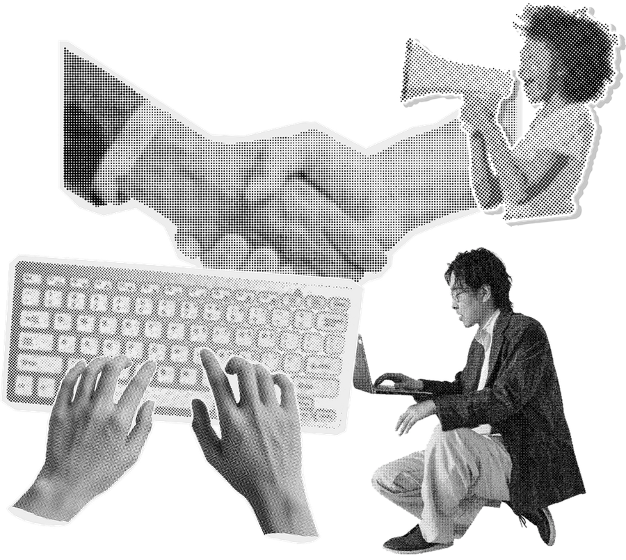Colagem com aperto de mão, teclado e profissional