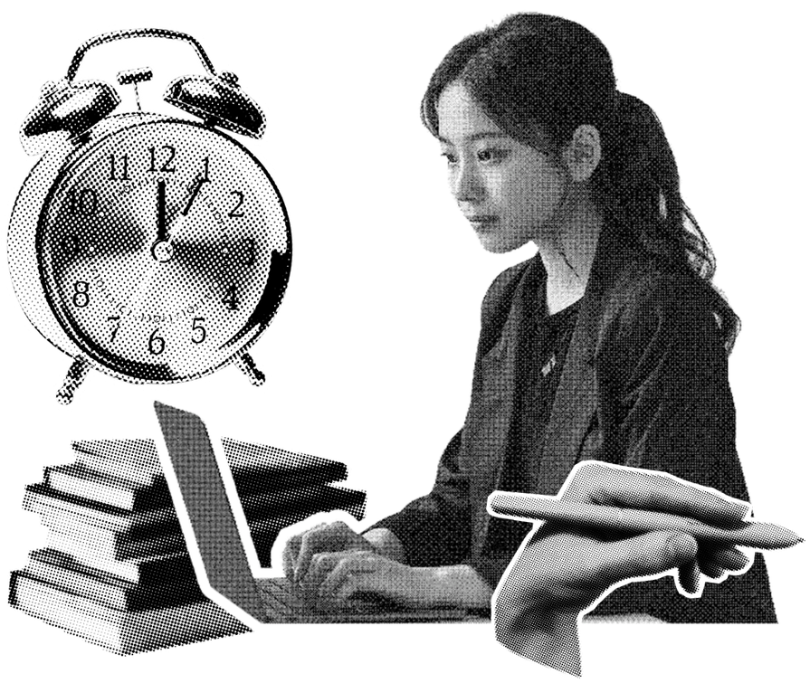 Colagem com aluna estudando, despertador e livros