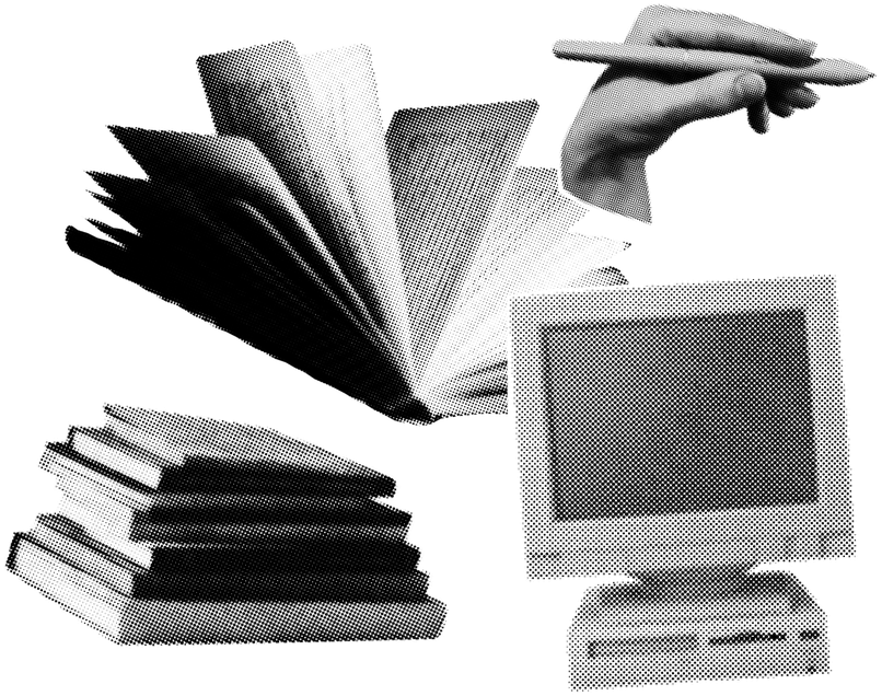 Colagem com livros, monitor e caneta
