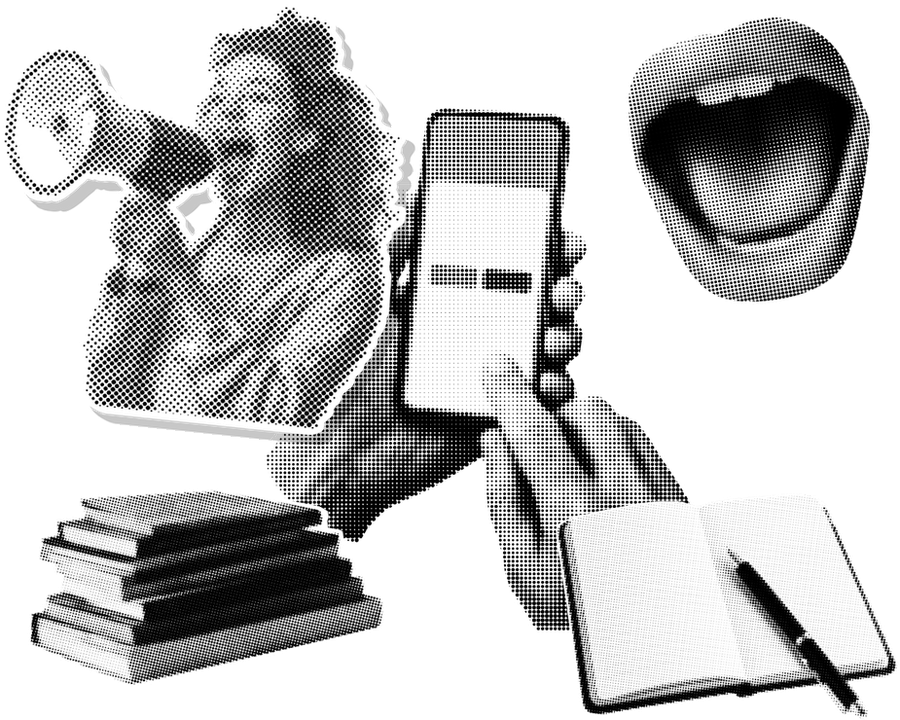 Colagem com mão segurando um celular e livros